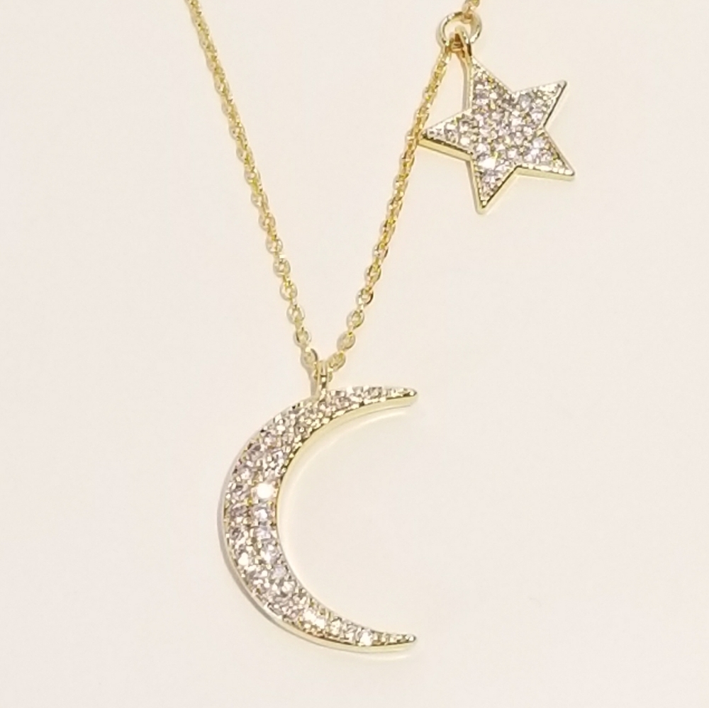 Bling Pave CZ Moon and Star Pendant Necklace NEW - Picture 3 of 7